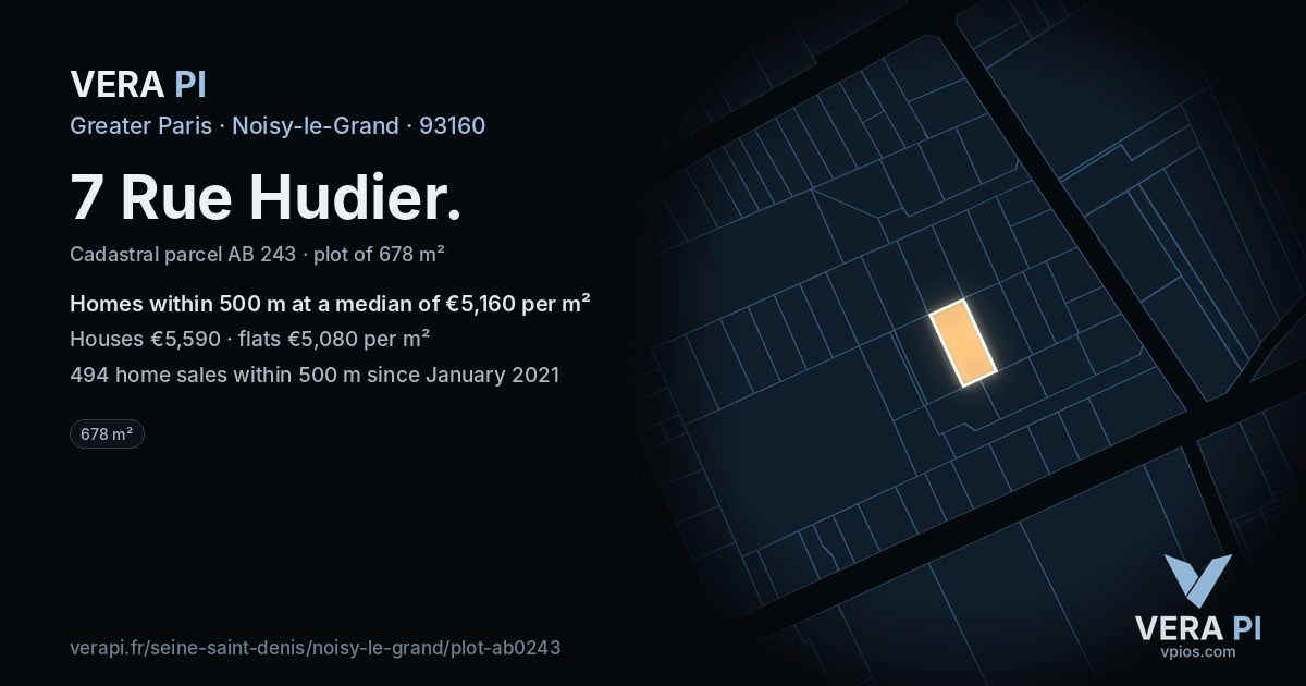7 Rue Hudier, Noisy-le-Grand at night – the plot lit, the parcels around coloured by the prices near them