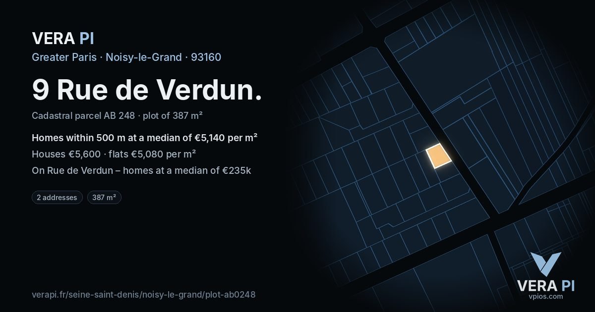 9 Rue de Verdun, Noisy-le-Grand at night – the plot lit, the parcels around coloured by the prices near them