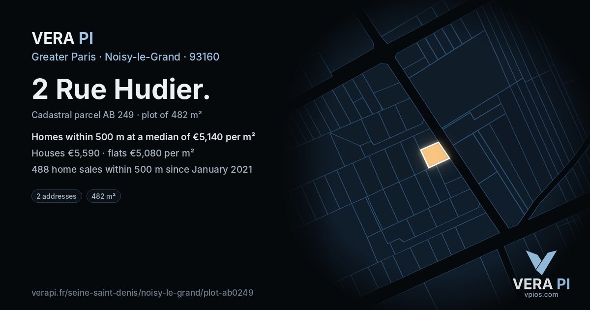 2 Rue Hudier, Noisy-le-Grand at night – the plot lit, the parcels around coloured by the prices near them
