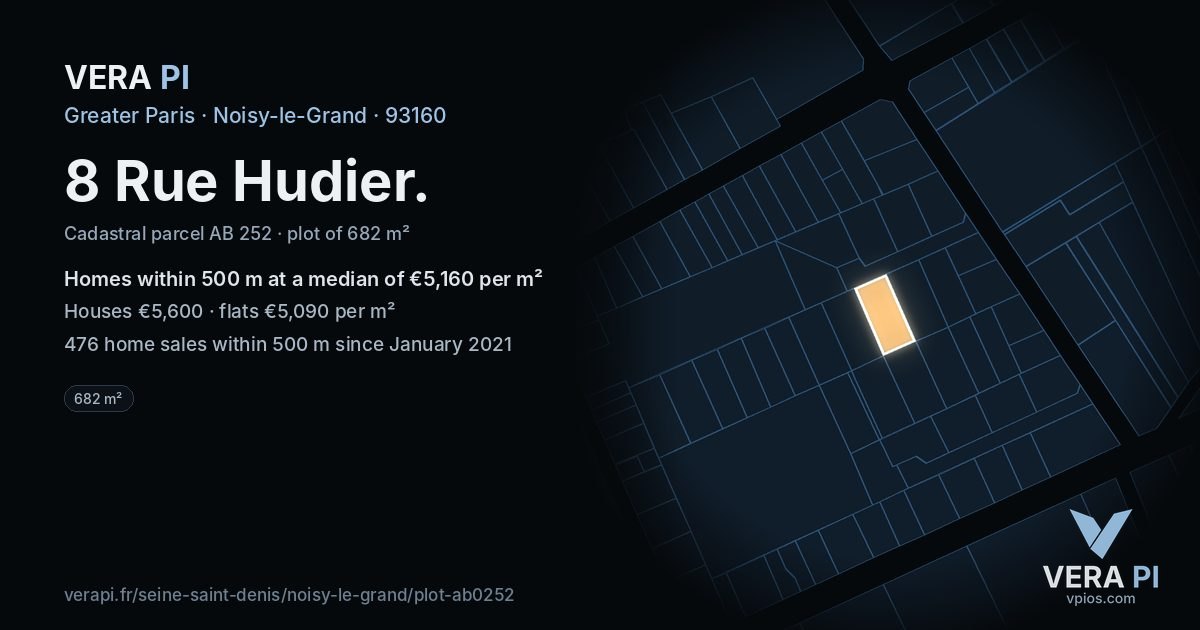 8 Rue Hudier, Noisy-le-Grand at night – the plot lit, the parcels around coloured by the prices near them