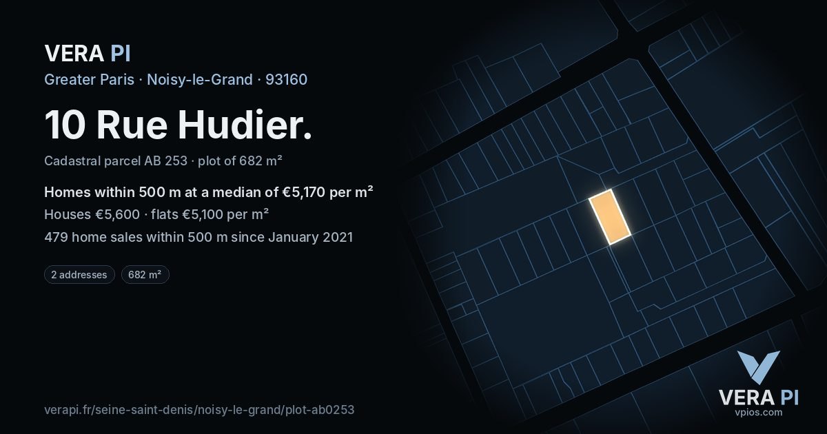 10 Rue Hudier, Noisy-le-Grand at night – the plot lit, the parcels around coloured by the prices near them