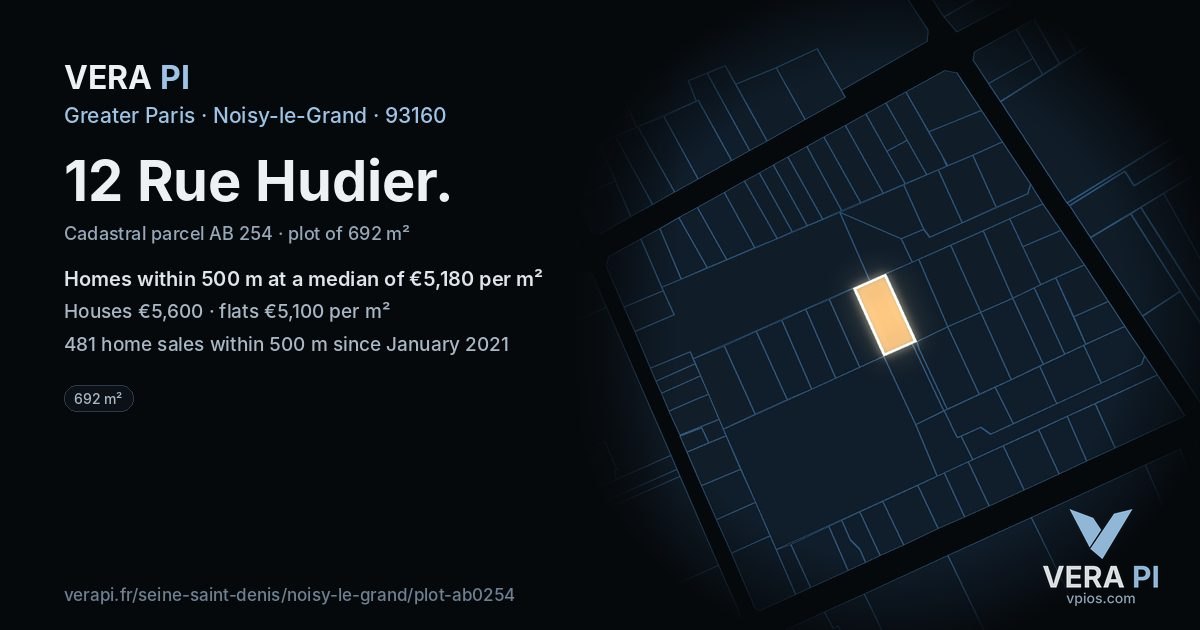 12 Rue Hudier, Noisy-le-Grand at night – the plot lit, the parcels around coloured by the prices near them