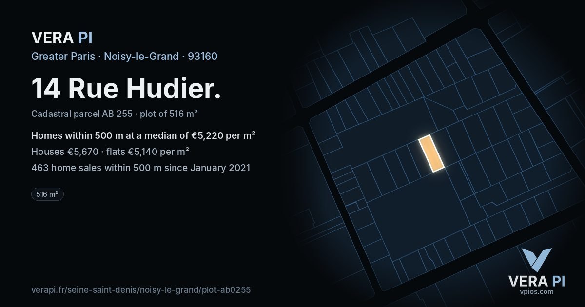 14 Rue Hudier, Noisy-le-Grand at night – the plot lit, the parcels around coloured by the prices near them