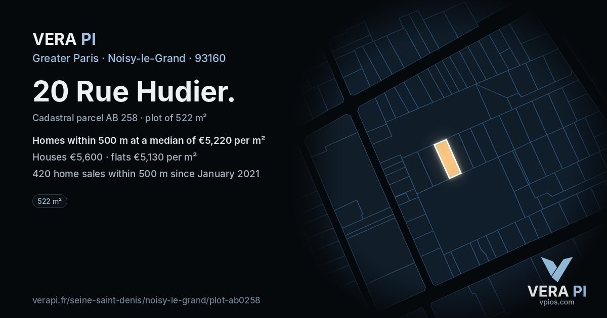 20 Rue Hudier, Noisy-le-Grand at night – the plot lit, the parcels around coloured by the prices near them
