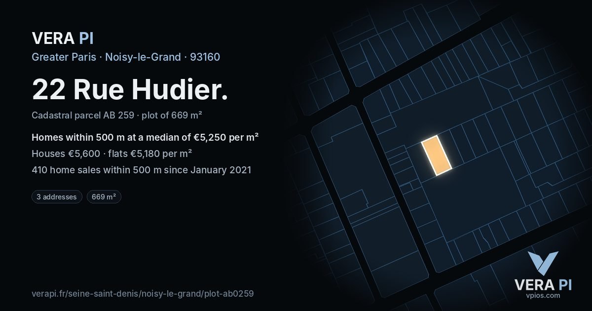 22 Rue Hudier, Noisy-le-Grand at night – the plot lit, the parcels around coloured by the prices near them