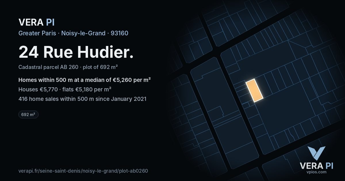 24 Rue Hudier, Noisy-le-Grand at night – the plot lit, the parcels around coloured by the prices near them