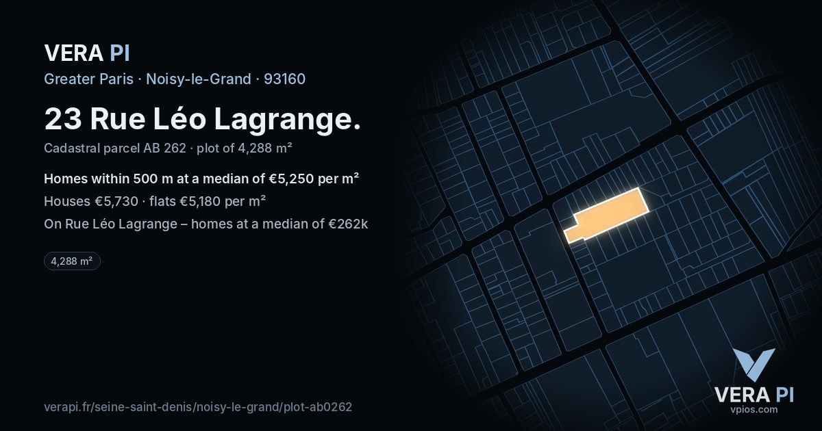 23 Rue Léo Lagrange, Noisy-le-Grand at night – the plot lit, the parcels around coloured by the prices near them