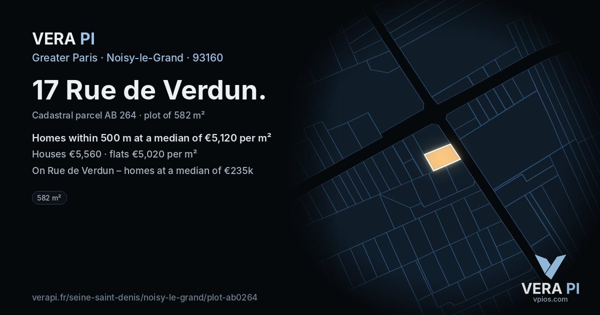 17 Rue de Verdun, Noisy-le-Grand at night – the plot lit, the parcels around coloured by the prices near them