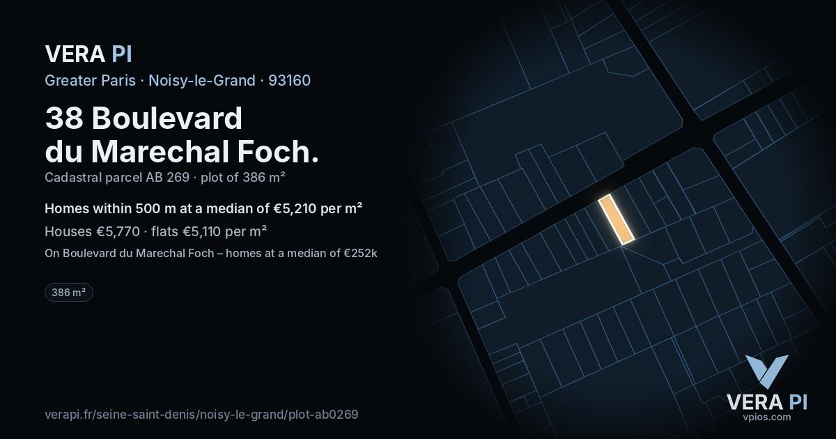 38 Boulevard du Marechal Foch, Noisy-le-Grand at night – the plot lit, the parcels around coloured by the prices near them