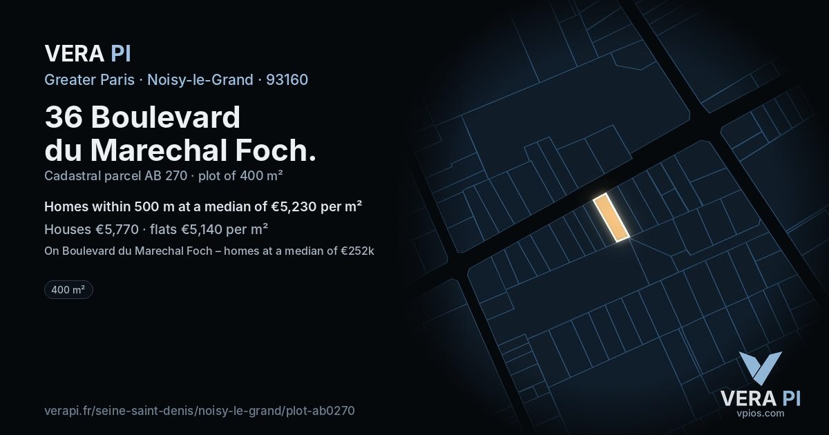 36 Boulevard du Marechal Foch, Noisy-le-Grand at night – the plot lit, the parcels around coloured by the prices near them