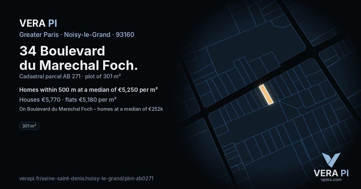 34 Boulevard du Marechal Foch, Noisy-le-Grand at night – the plot lit, the parcels around coloured by the prices near them