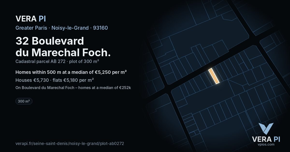 32 Boulevard du Marechal Foch, Noisy-le-Grand at night – the plot lit, the parcels around coloured by the prices near them
