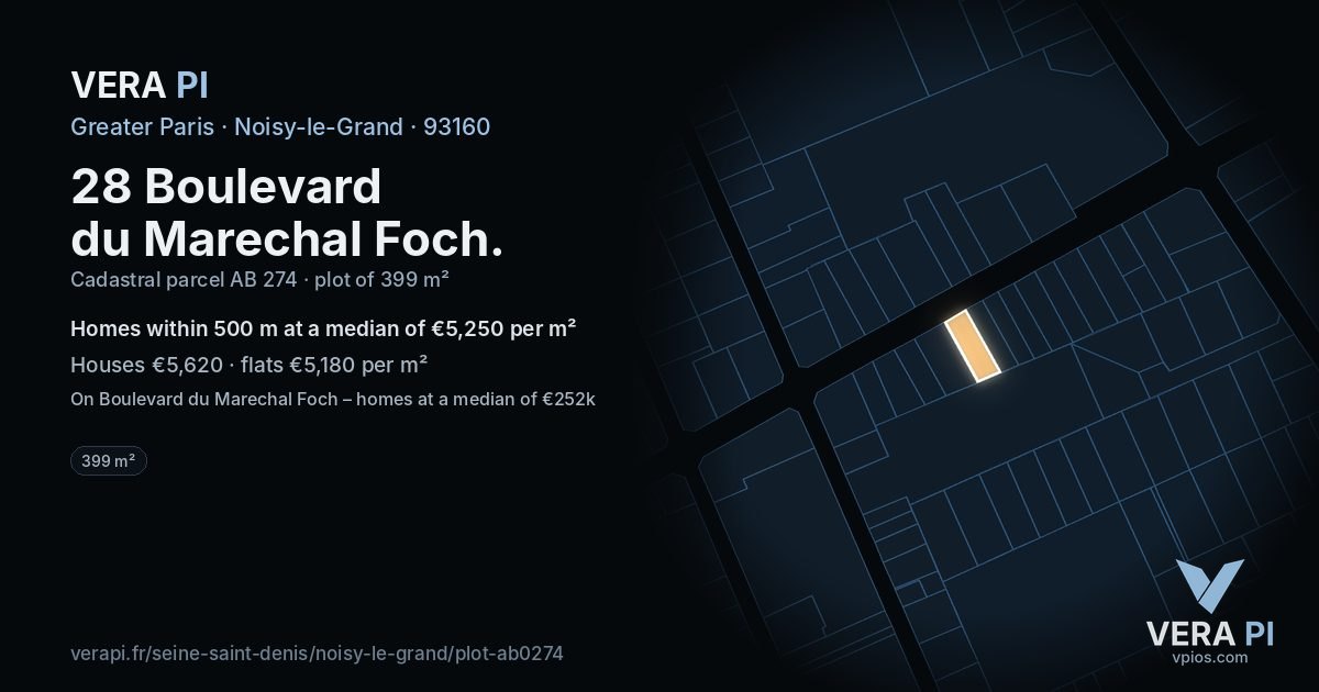 28 Boulevard du Marechal Foch, Noisy-le-Grand at night – the plot lit, the parcels around coloured by the prices near them