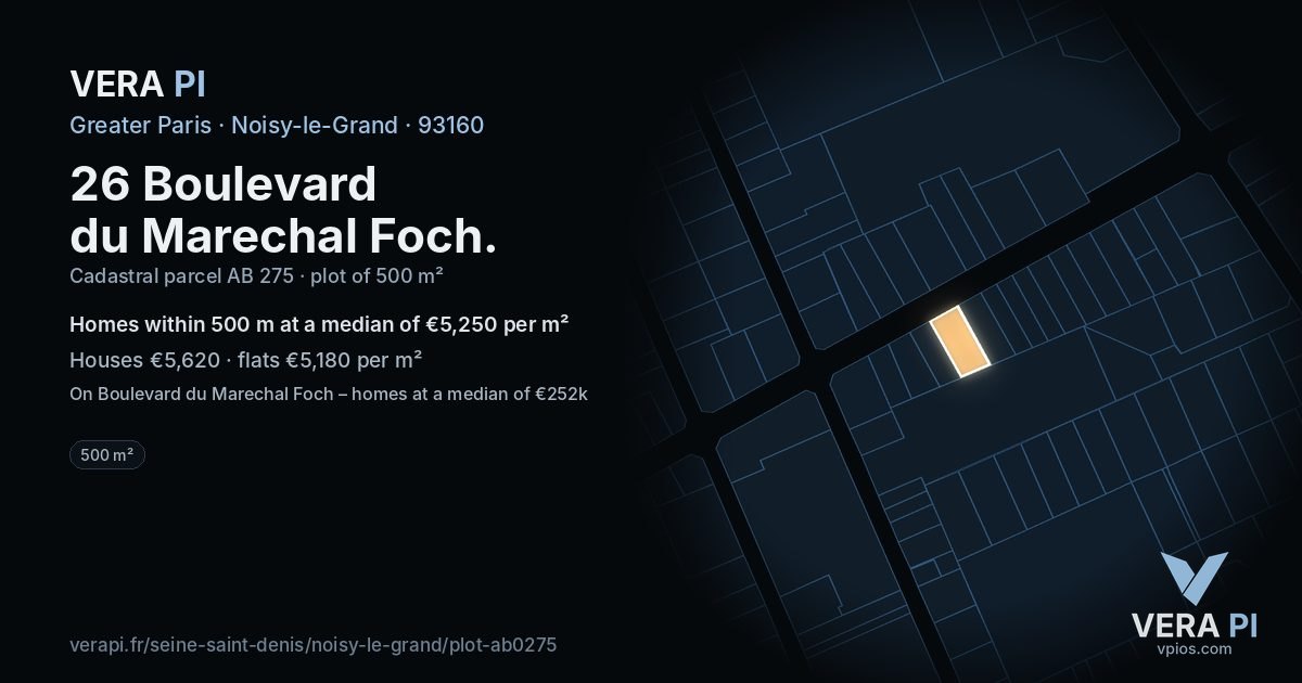 26 Boulevard du Marechal Foch, Noisy-le-Grand at night – the plot lit, the parcels around coloured by the prices near them