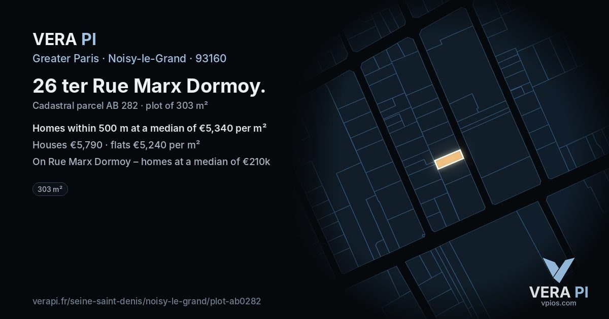 26 ter Rue Marx Dormoy, Noisy-le-Grand at night – the plot lit, the parcels around coloured by the prices near them