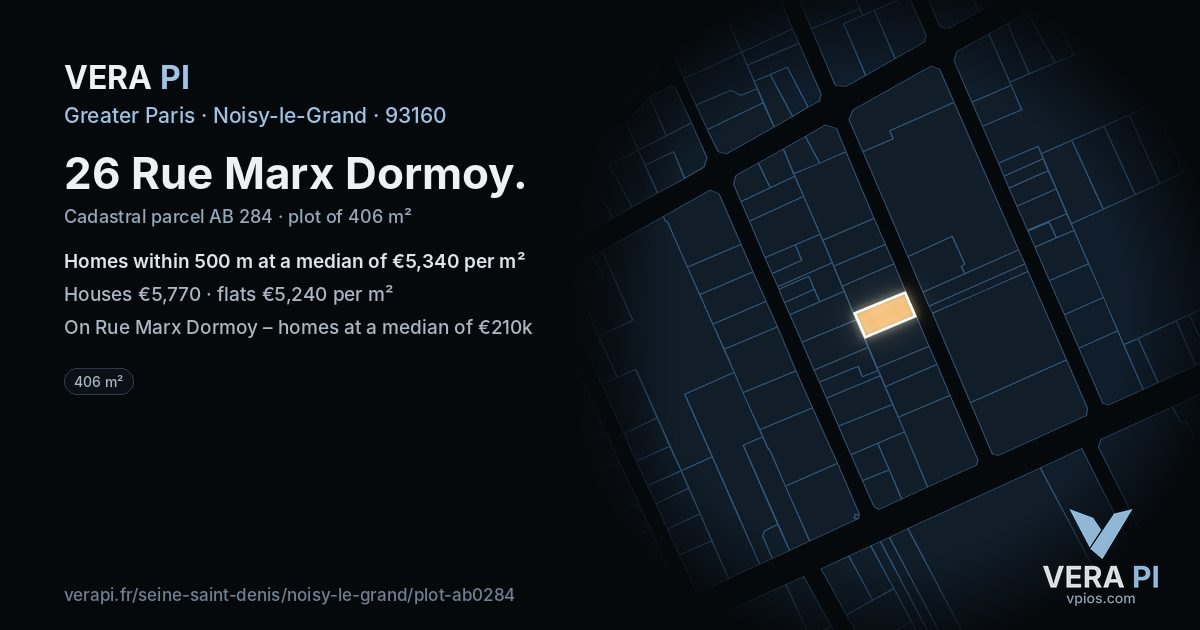 26 Rue Marx Dormoy, Noisy-le-Grand at night – the plot lit, the parcels around coloured by the prices near them