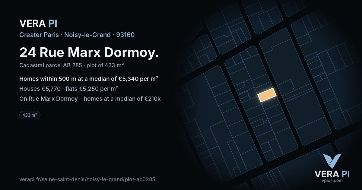 24 Rue Marx Dormoy, Noisy-le-Grand at night – the plot lit, the parcels around coloured by the prices near them