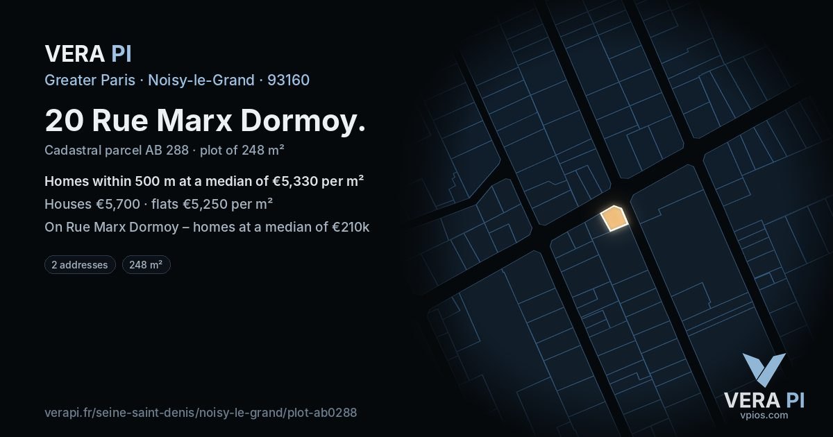 20 Rue Marx Dormoy, Noisy-le-Grand at night – the plot lit, the parcels around coloured by the prices near them