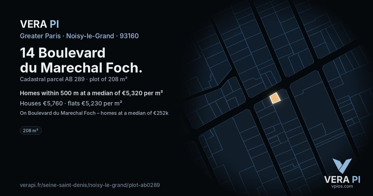 14 Boulevard du Marechal Foch, Noisy-le-Grand at night – the plot lit, the parcels around coloured by the prices near them