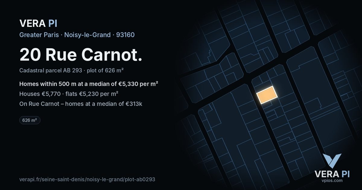 20 Rue Carnot, Noisy-le-Grand at night – the plot lit, the parcels around coloured by the prices near them