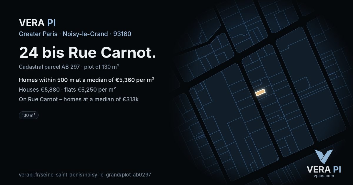 24 bis Rue Carnot, Noisy-le-Grand at night – the plot lit, the parcels around coloured by the prices near them