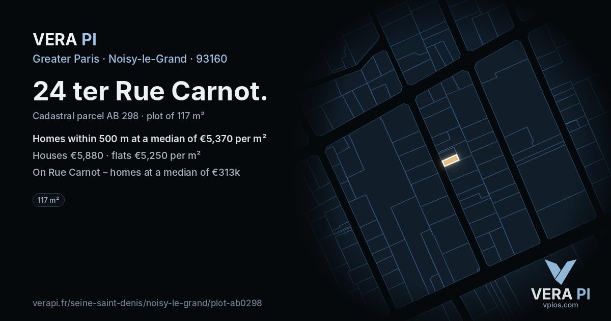 24 ter Rue Carnot, Noisy-le-Grand at night – the plot lit, the parcels around coloured by the prices near them