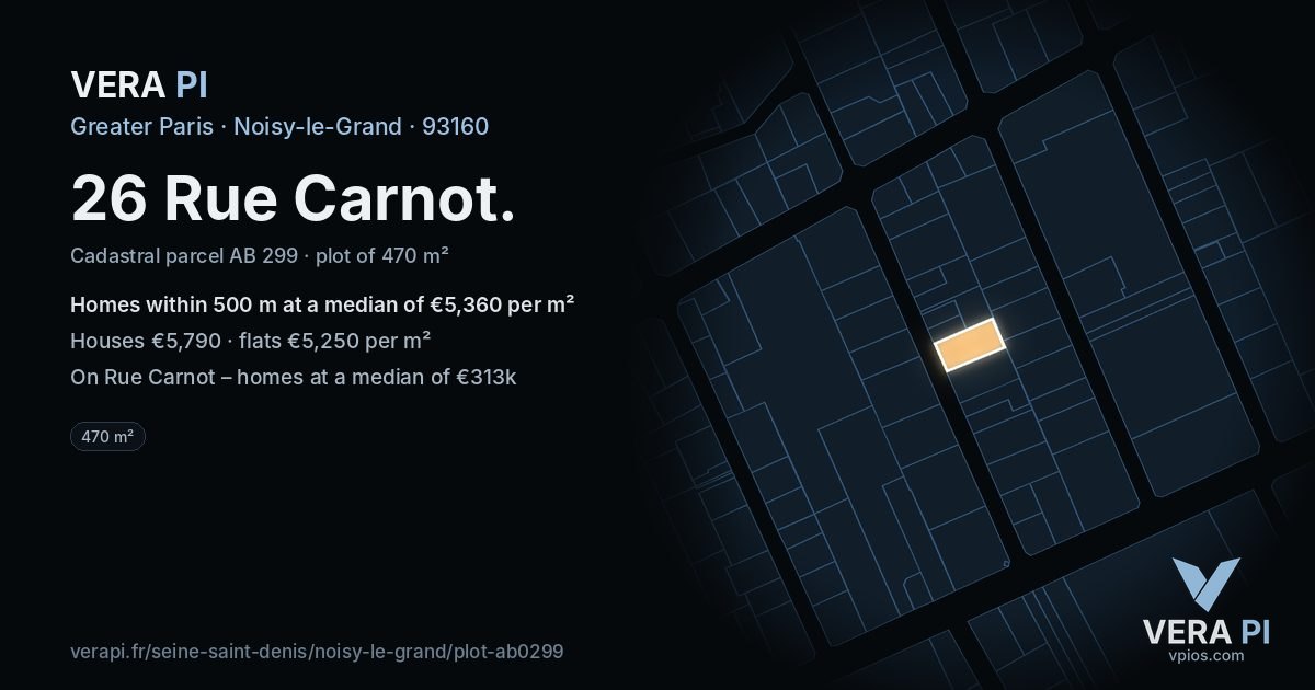 26 Rue Carnot, Noisy-le-Grand at night – the plot lit, the parcels around coloured by the prices near them