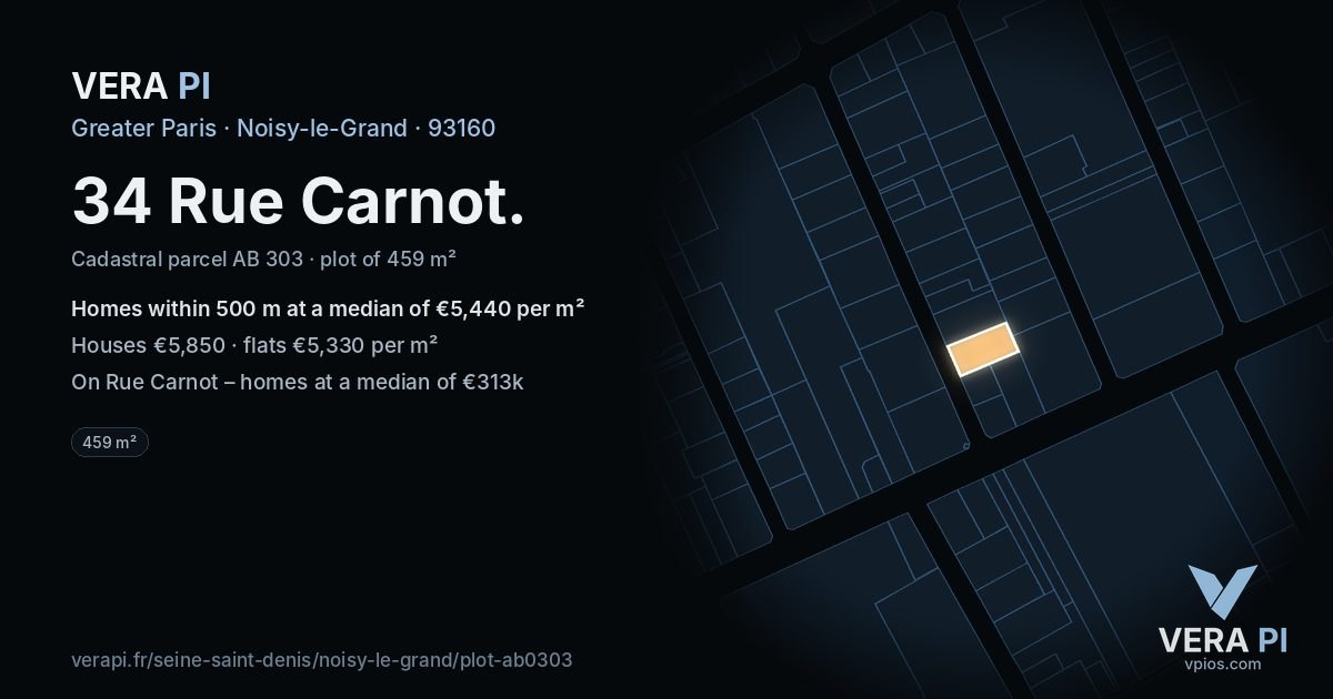 34 Rue Carnot, Noisy-le-Grand at night – the plot lit, the parcels around coloured by the prices near them