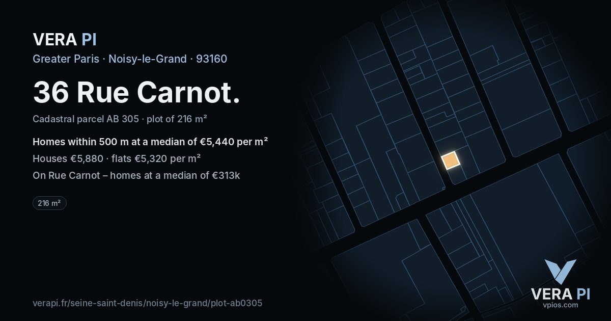 36 Rue Carnot, Noisy-le-Grand at night – the plot lit, the parcels around coloured by the prices near them