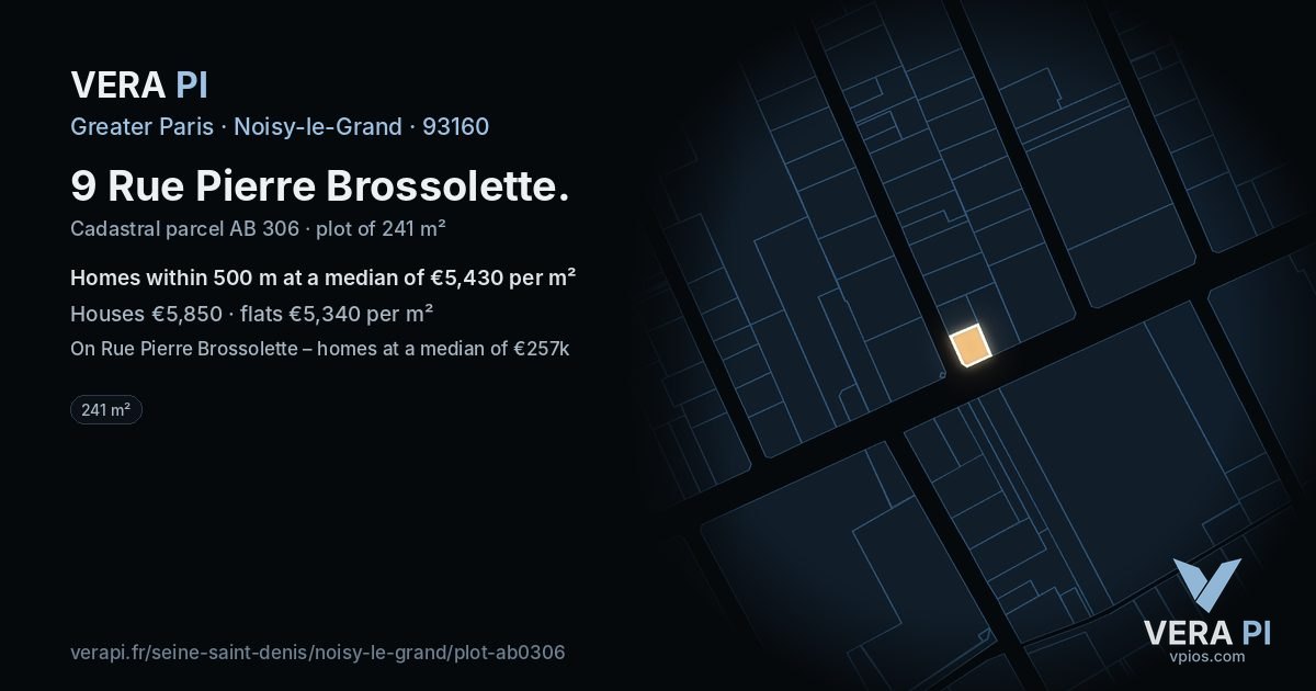 9 Rue Pierre Brossolette, Noisy-le-Grand at night – the plot lit, the parcels around coloured by the prices near them
