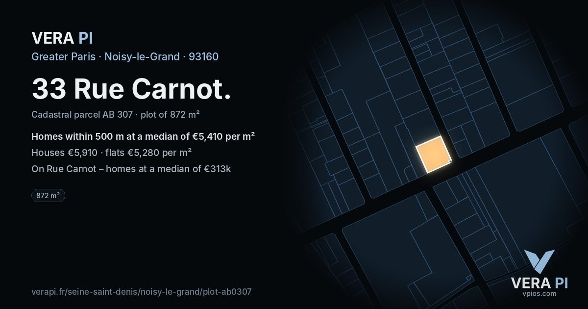 33 Rue Carnot, Noisy-le-Grand at night – the plot lit, the parcels around coloured by the prices near them
