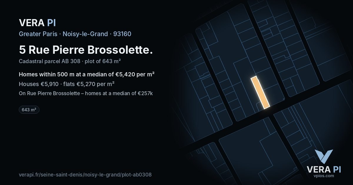 5 Rue Pierre Brossolette, Noisy-le-Grand at night – the plot lit, the parcels around coloured by the prices near them