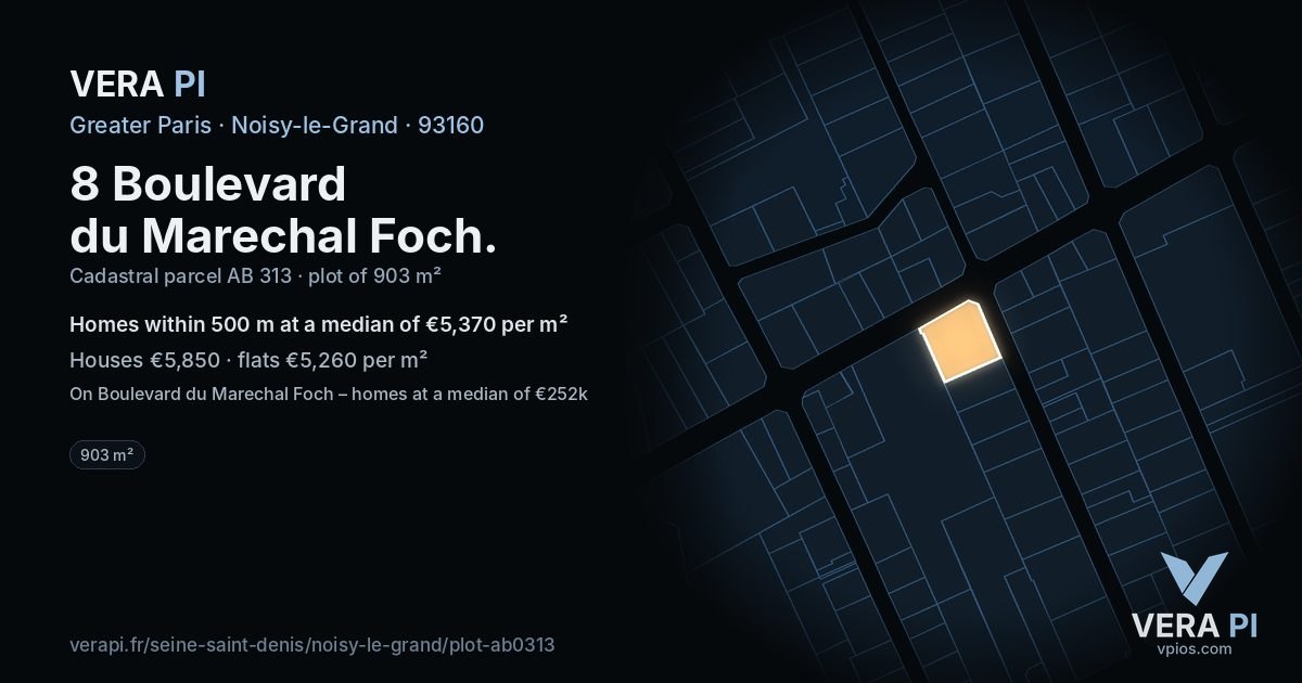 8 Boulevard du Marechal Foch, Noisy-le-Grand at night – the plot lit, the parcels around coloured by the prices near them