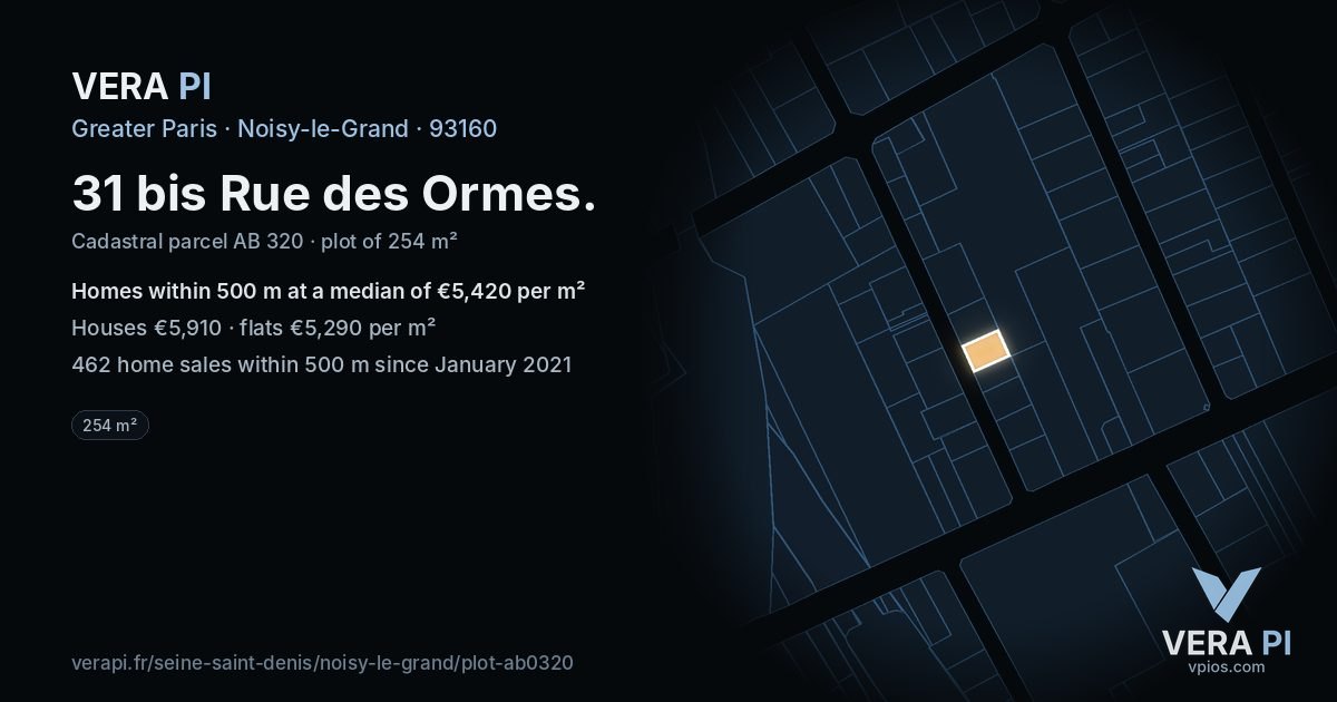 31 bis Rue des Ormes, Noisy-le-Grand at night – the plot lit, the parcels around coloured by the prices near them