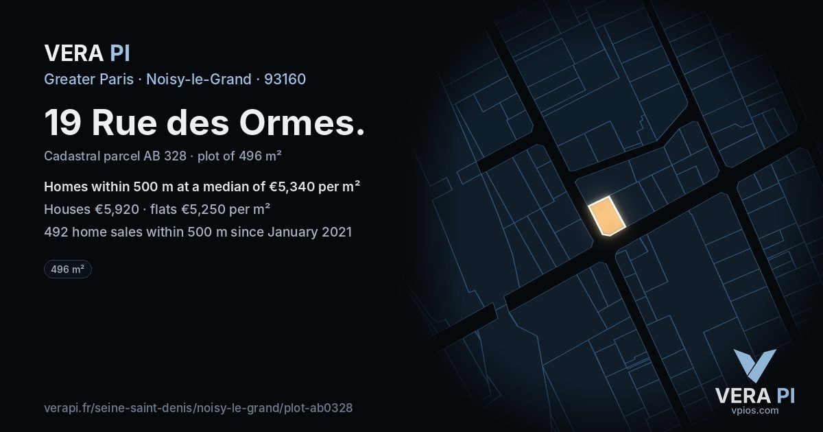19 Rue des Ormes, Noisy-le-Grand at night – the plot lit, the parcels around coloured by the prices near them