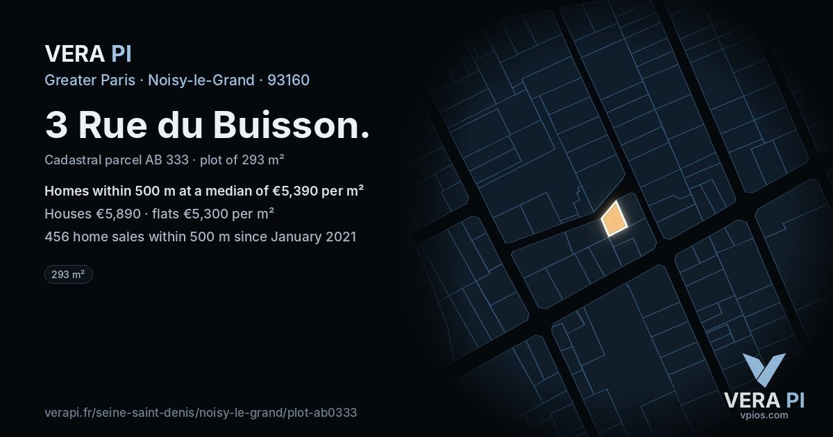 3 Rue du Buisson, Noisy-le-Grand at night – the plot lit, the parcels around coloured by the prices near them