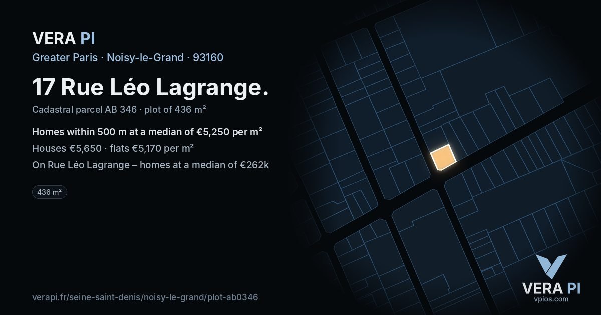 17 Rue Léo Lagrange, Noisy-le-Grand at night – the plot lit, the parcels around coloured by the prices near them