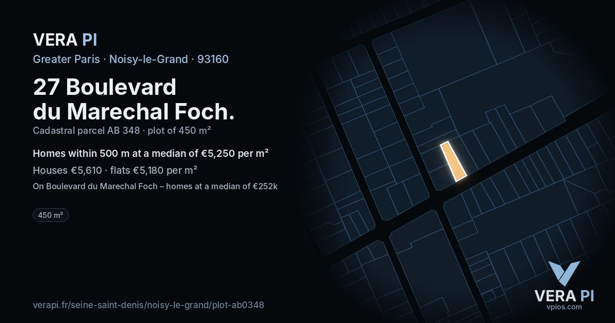 27 Boulevard du Marechal Foch, Noisy-le-Grand at night – the plot lit, the parcels around coloured by the prices near them