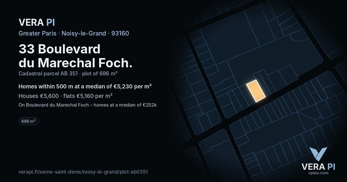 33 Boulevard du Marechal Foch, Noisy-le-Grand at night – the plot lit, the parcels around coloured by the prices near them