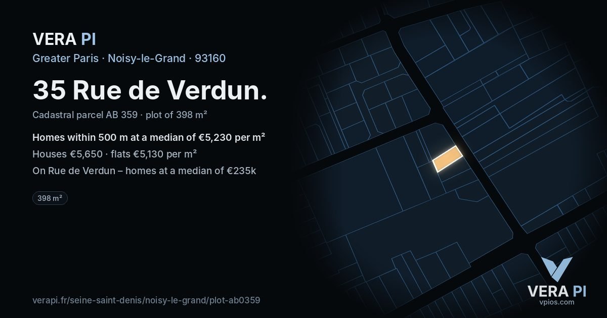 35 Rue de Verdun, Noisy-le-Grand at night – the plot lit, the parcels around coloured by the prices near them