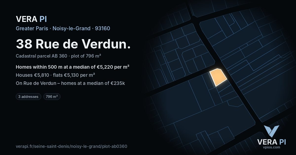 38 Rue de Verdun, Noisy-le-Grand at night – the plot lit, the parcels around coloured by the prices near them