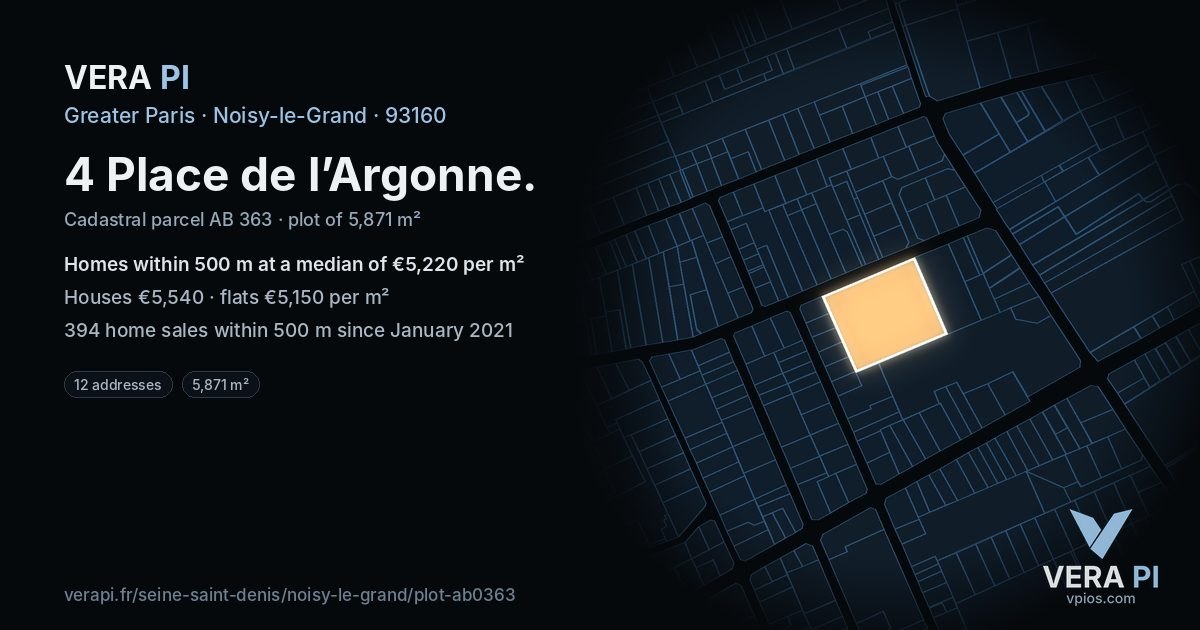 4 Place de l’Argonne, Noisy-le-Grand at night – the plot lit, the parcels around coloured by the prices near them