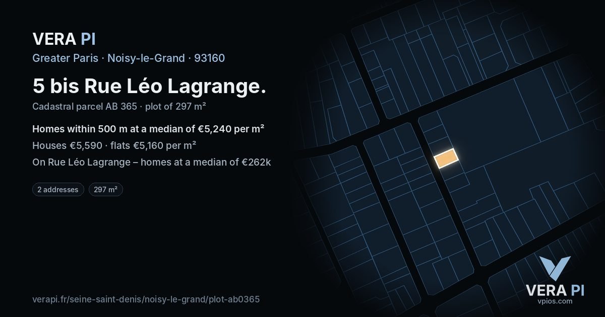 5 bis Rue Léo Lagrange, Noisy-le-Grand at night – the plot lit, the parcels around coloured by the prices near them