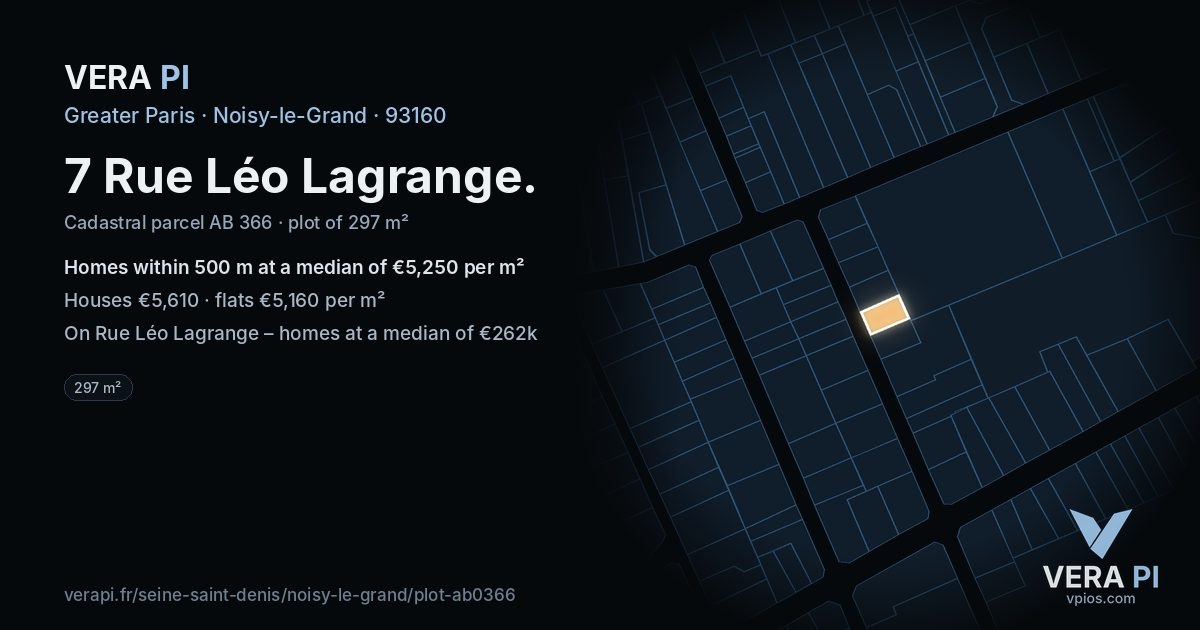 7 Rue Léo Lagrange, Noisy-le-Grand at night – the plot lit, the parcels around coloured by the prices near them