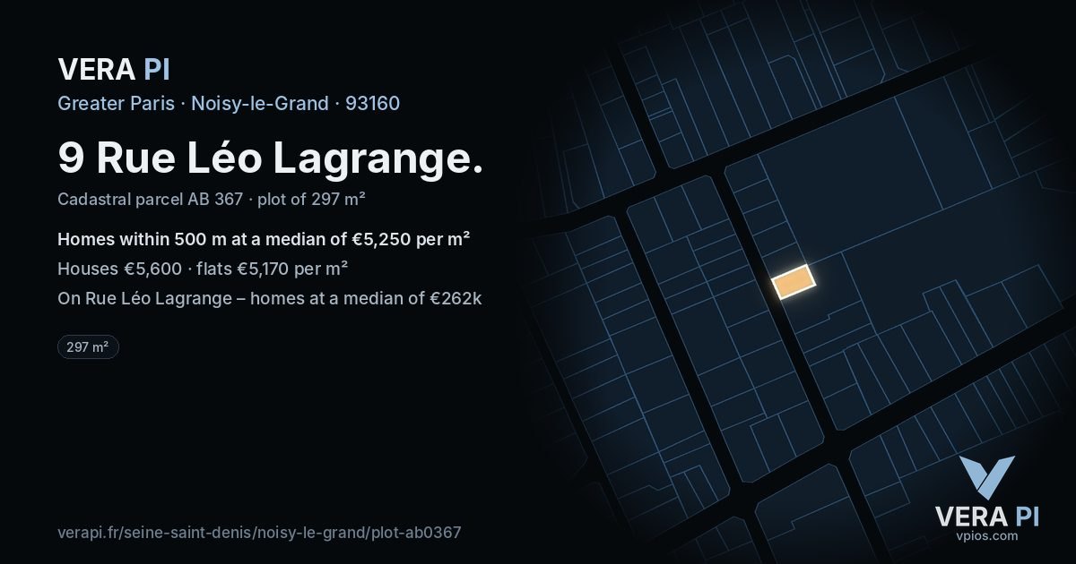 9 Rue Léo Lagrange, Noisy-le-Grand at night – the plot lit, the parcels around coloured by the prices near them