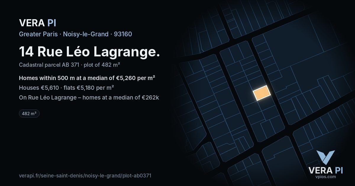 14 Rue Léo Lagrange, Noisy-le-Grand at night – the plot lit, the parcels around coloured by the prices near them