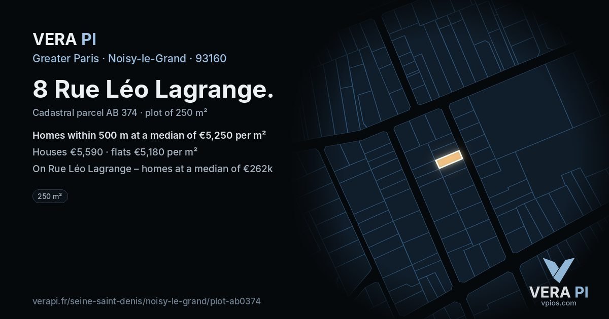 8 Rue Léo Lagrange, Noisy-le-Grand at night – the plot lit, the parcels around coloured by the prices near them