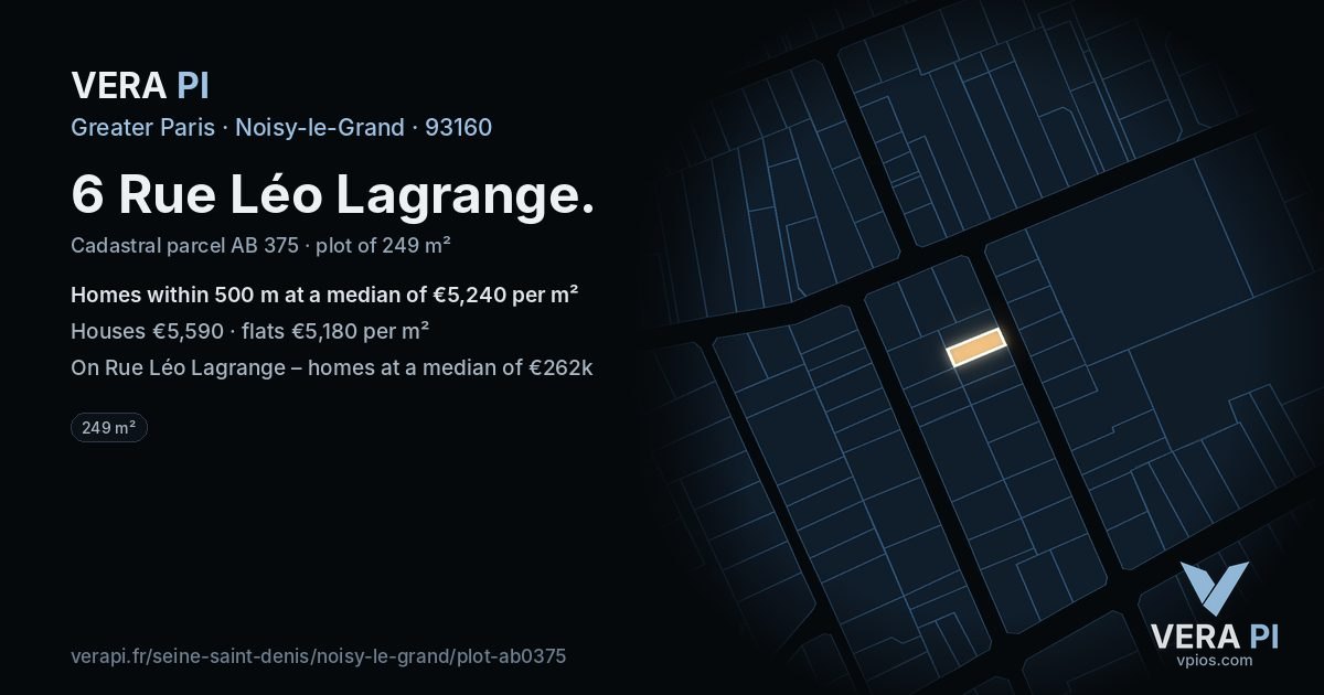 6 Rue Léo Lagrange, Noisy-le-Grand at night – the plot lit, the parcels around coloured by the prices near them