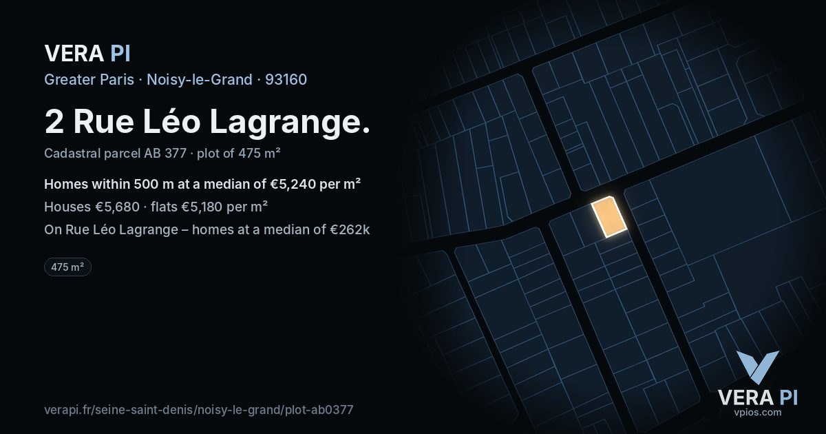 2 Rue Léo Lagrange, Noisy-le-Grand at night – the plot lit, the parcels around coloured by the prices near them