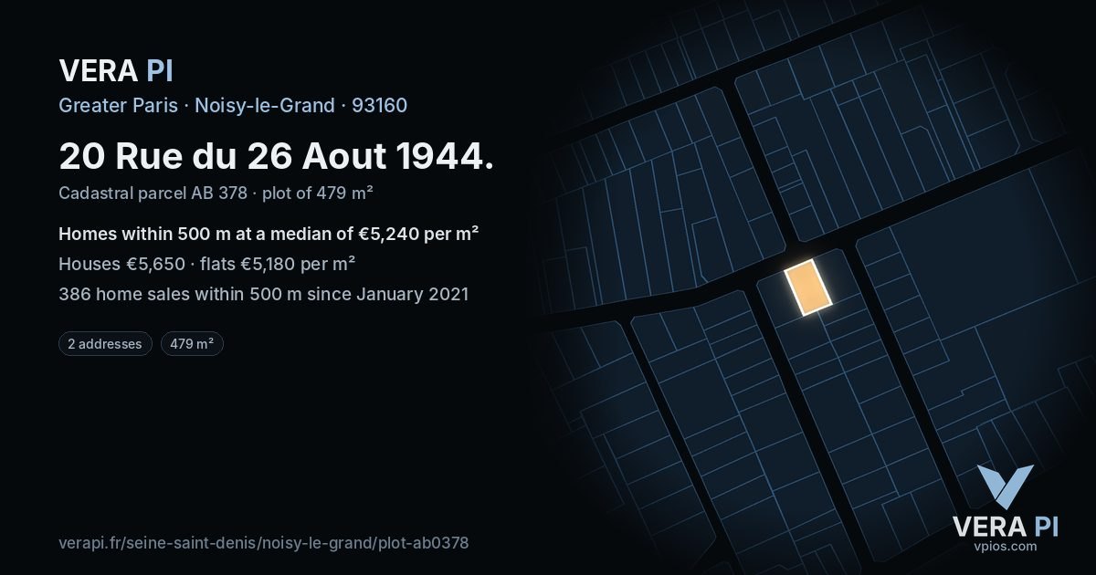 20 Rue du 26 Aout 1944, Noisy-le-Grand at night – the plot lit, the parcels around coloured by the prices near them